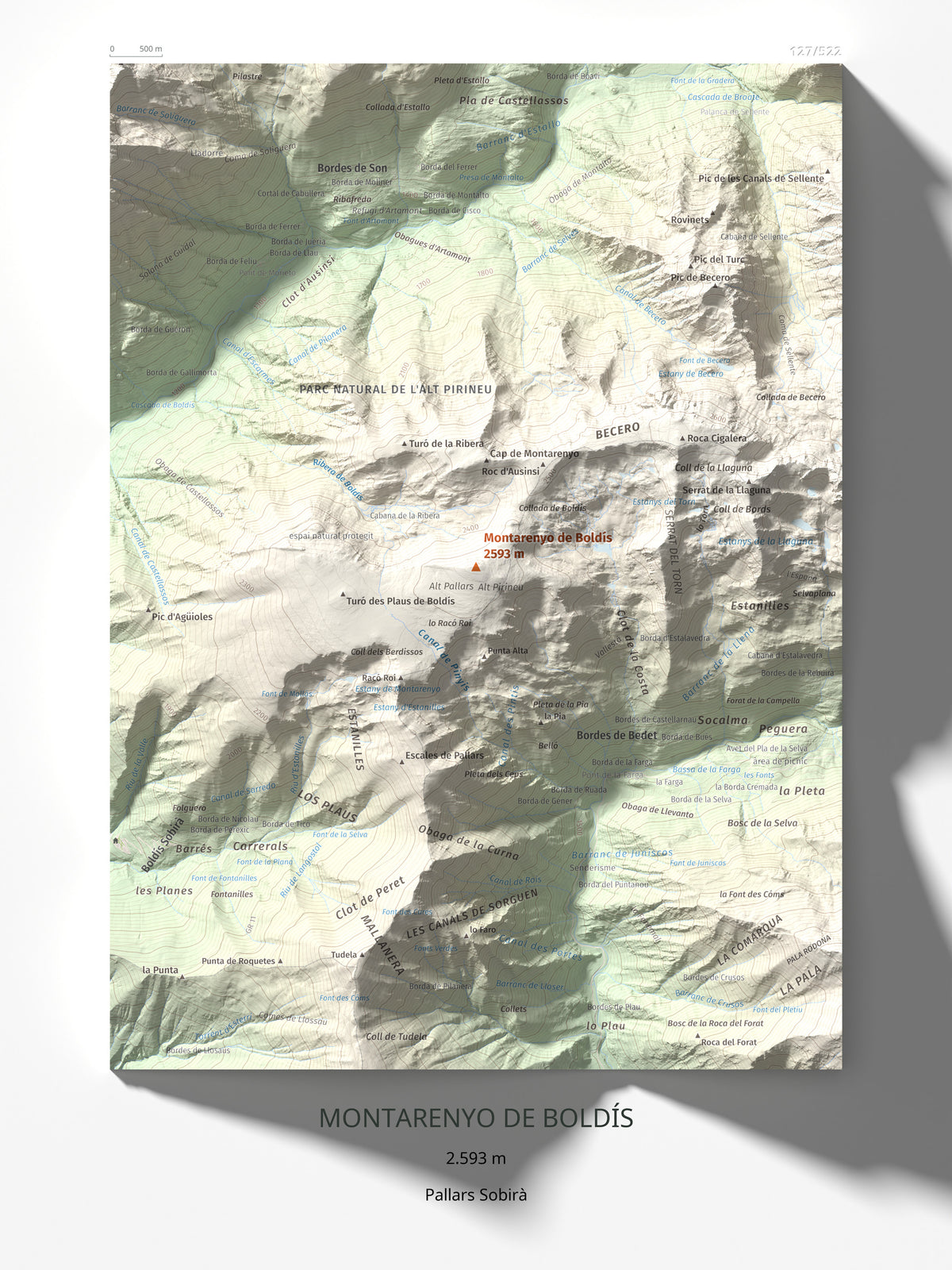 Mapa de relieve de Montarenyo de Boldís, 2593 m, Pallars Sobirà, lámina 100 Cims de Trobart 30 × 40 cm.