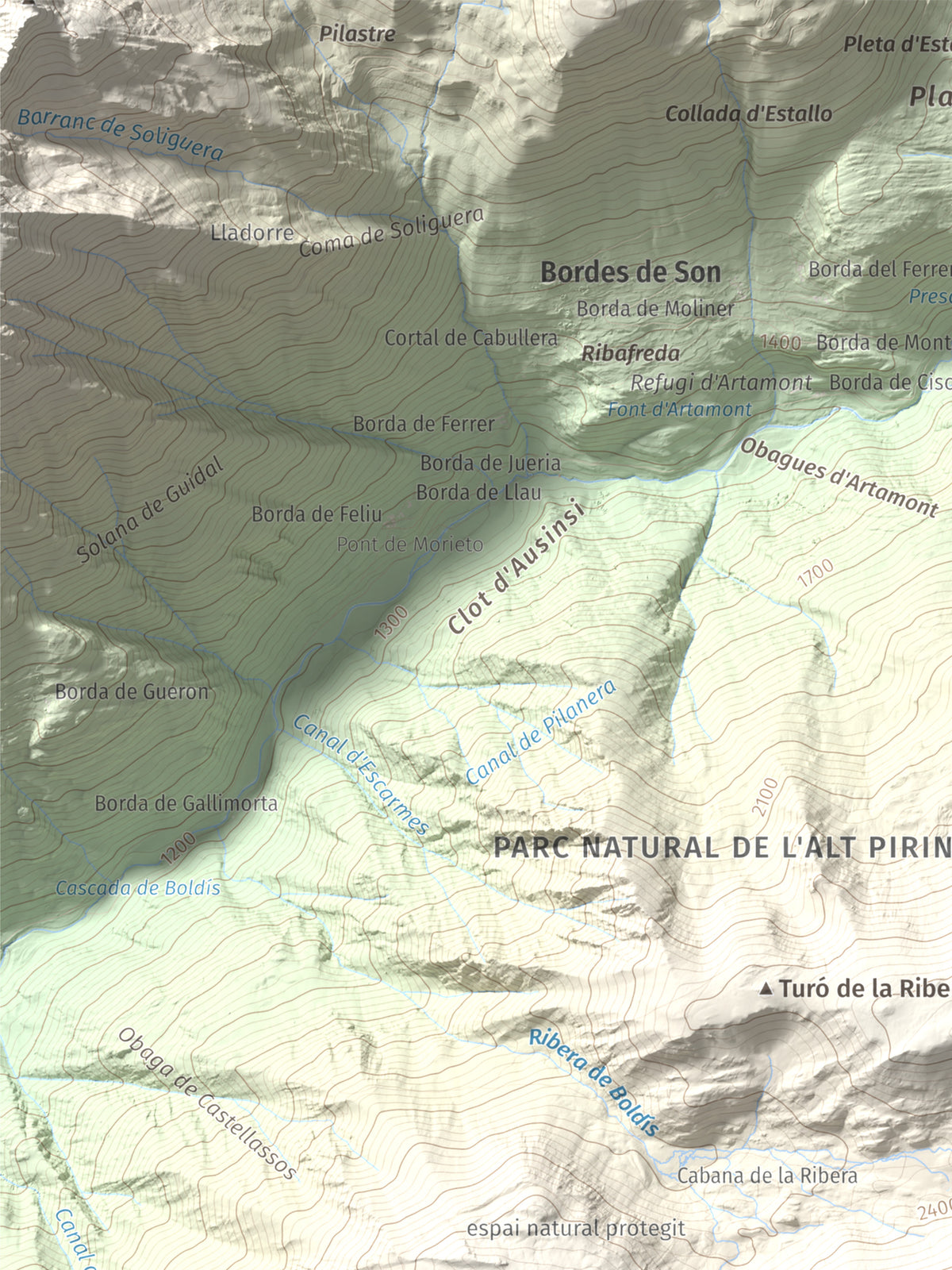 Mapa de relieve de Montarenyo de Boldís, 2593 m, Pallars Sobirà, lámina 100 Cims de Trobart. Detalle de la zona superior izquierda. 30 × 40 cm.