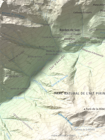 Mapa de relieve de Montarenyo de Boldís, 2593 m, Pallars Sobirà, lámina 100 Cims de Trobart. Detalle de la zona superior izquierda. 30 × 40 cm.