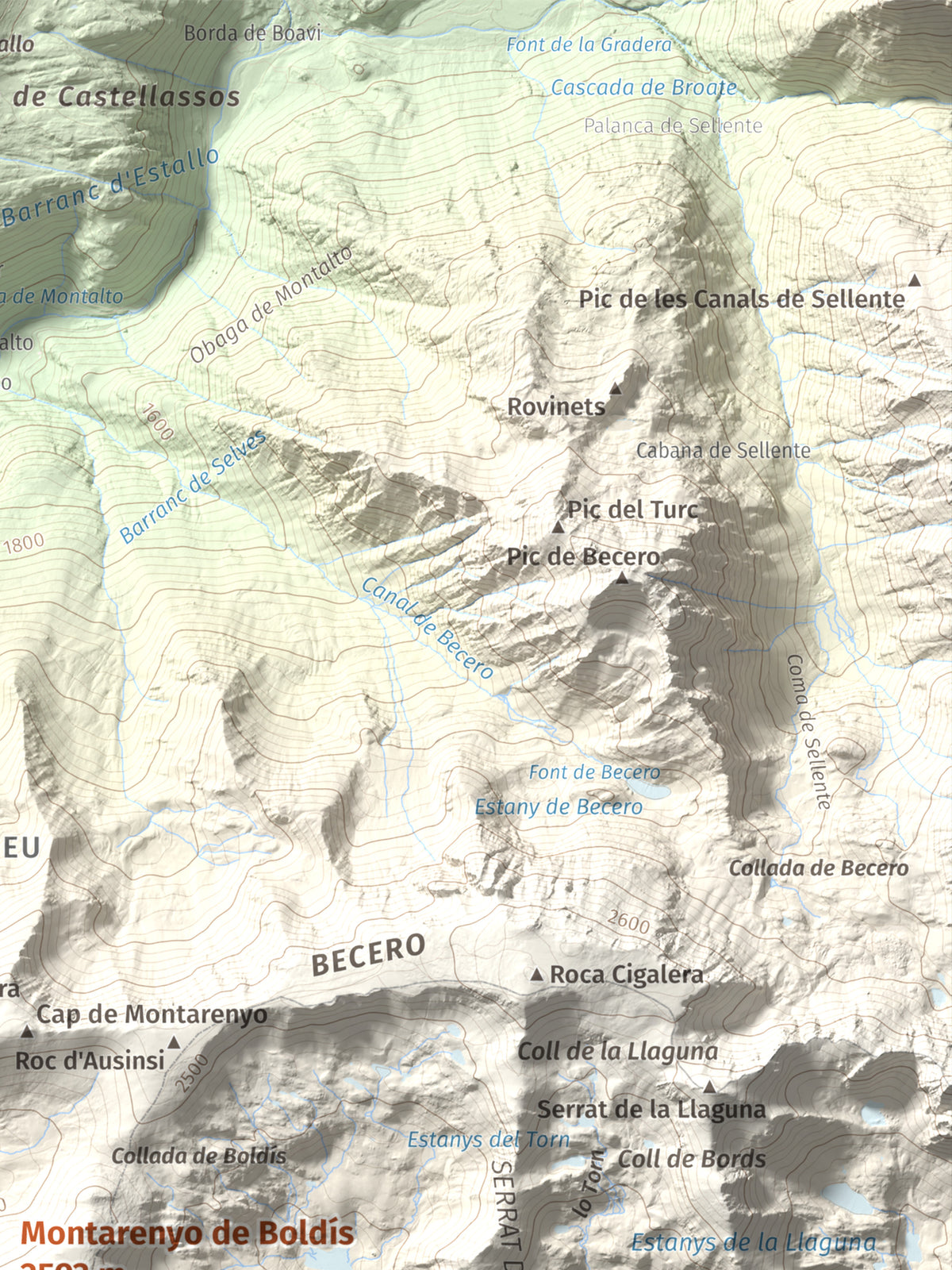 Mapa de relieve de Montarenyo de Boldís, 2593 m, Pallars Sobirà, lámina 100 Cims de Trobart. Detalle de la zona superior derecha. 30 × 40 cm.