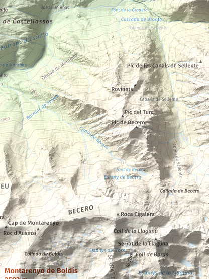 Mapa de relieve de Montarenyo de Boldís, 2593 m, Pallars Sobirà, lámina 100 Cims de Trobart. Detalle de la zona superior derecha. 30 × 40 cm.