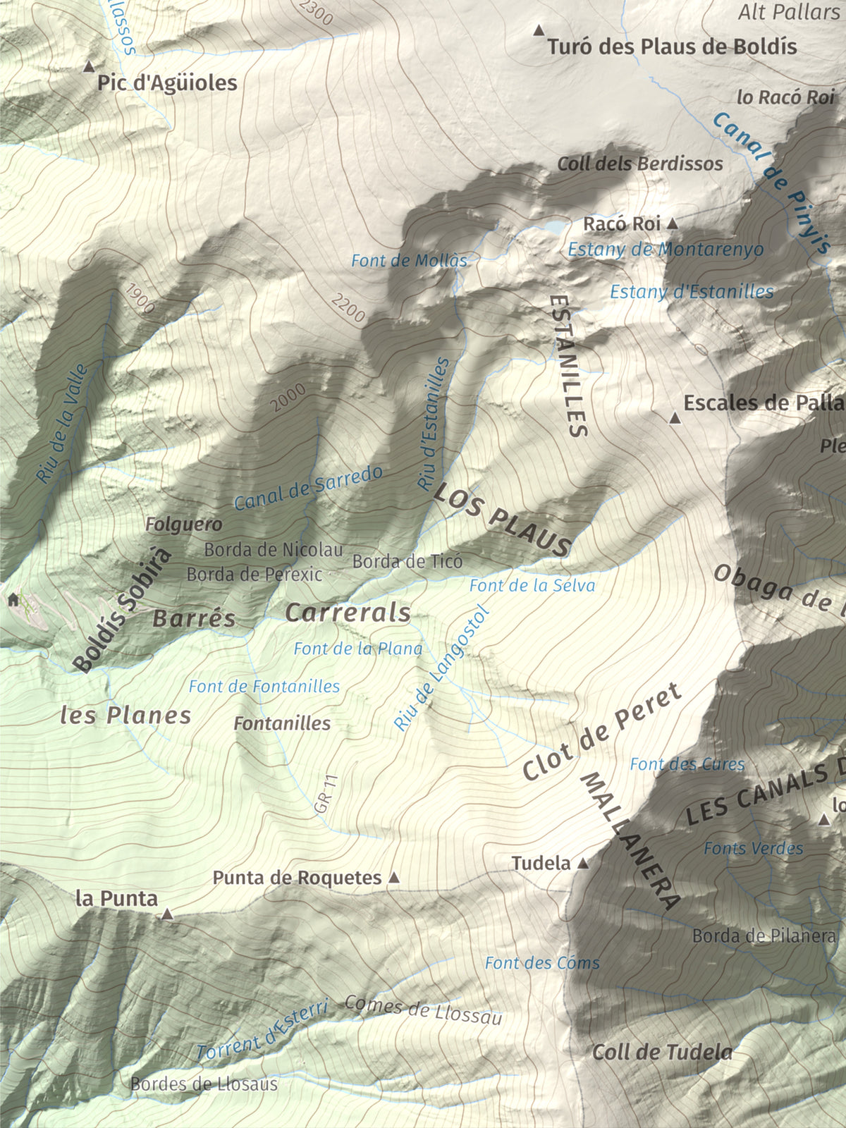 Mapa de relieve de Montarenyo de Boldís, 2593 m, Pallars Sobirà, lámina 100 Cims de Trobart. Detalle de la zona inferior izquierda. 30 × 40 cm.