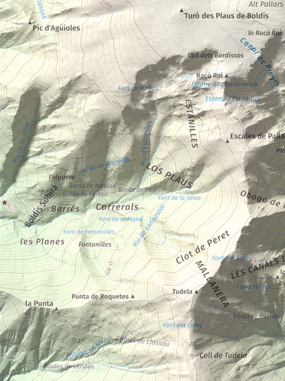 Mapa de relieve de Montarenyo de Boldís, 2593 m, Pallars Sobirà, lámina 100 Cims de Trobart. Detalle de la zona inferior izquierda. 30 × 40 cm.