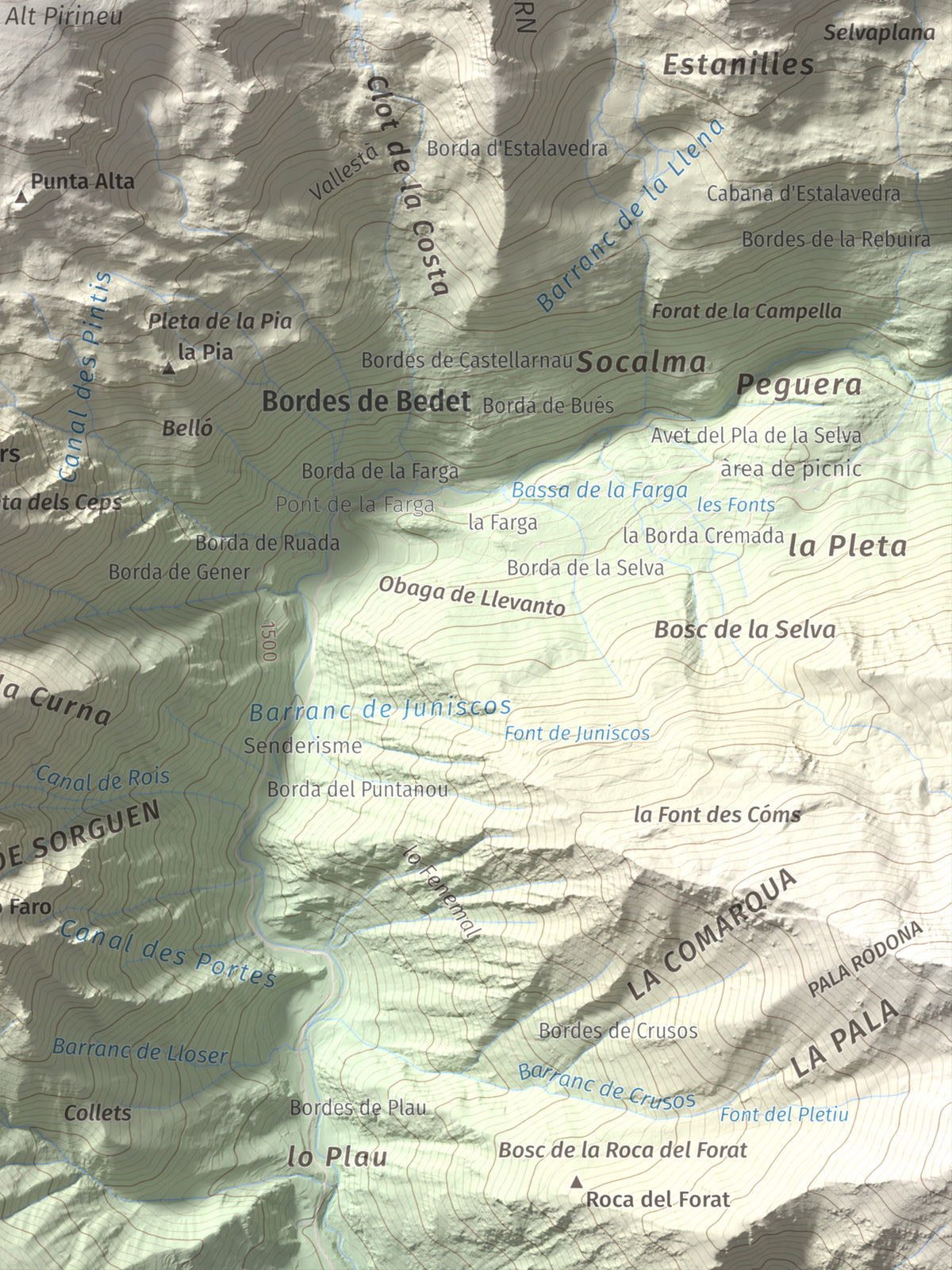 Mapa de relieve de Montarenyo de Boldís, 2593 m, Pallars Sobirà, lámina 100 Cims de Trobart. Detalle de la zona inferior derecha. 30 × 40 cm.