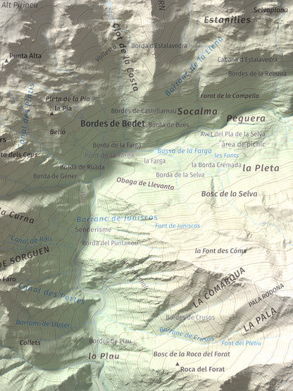 Mapa de relieve de Montarenyo de Boldís, 2593 m, Pallars Sobirà, lámina 100 Cims de Trobart. Detalle de la zona inferior derecha. 30 × 40 cm.