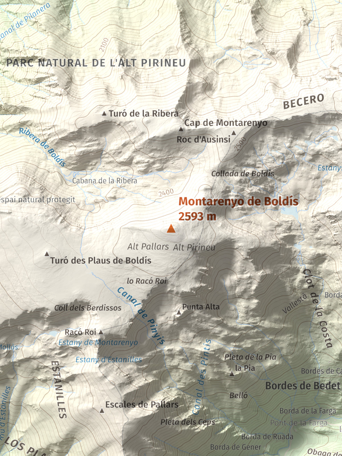 Mapa de relieve de Montarenyo de Boldís, 2593 m, Pallars Sobirà, lámina 100 Cims de Trobart. Detalle de la zona central. 30 × 40 cm.