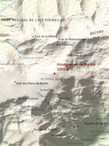 Mapa de relieve de Montarenyo de Boldís, 2593 m, Pallars Sobirà, lámina 100 Cims de Trobart. Detalle de la zona central. 30 × 40 cm.