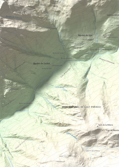 Mapa de relieve de Montarenyo de Boldís, 2593 m, Pallars Sobirà, lámina 100 Cims de Trobart. Detalle de la zona superior izquierda. 50 × 70 cm.
