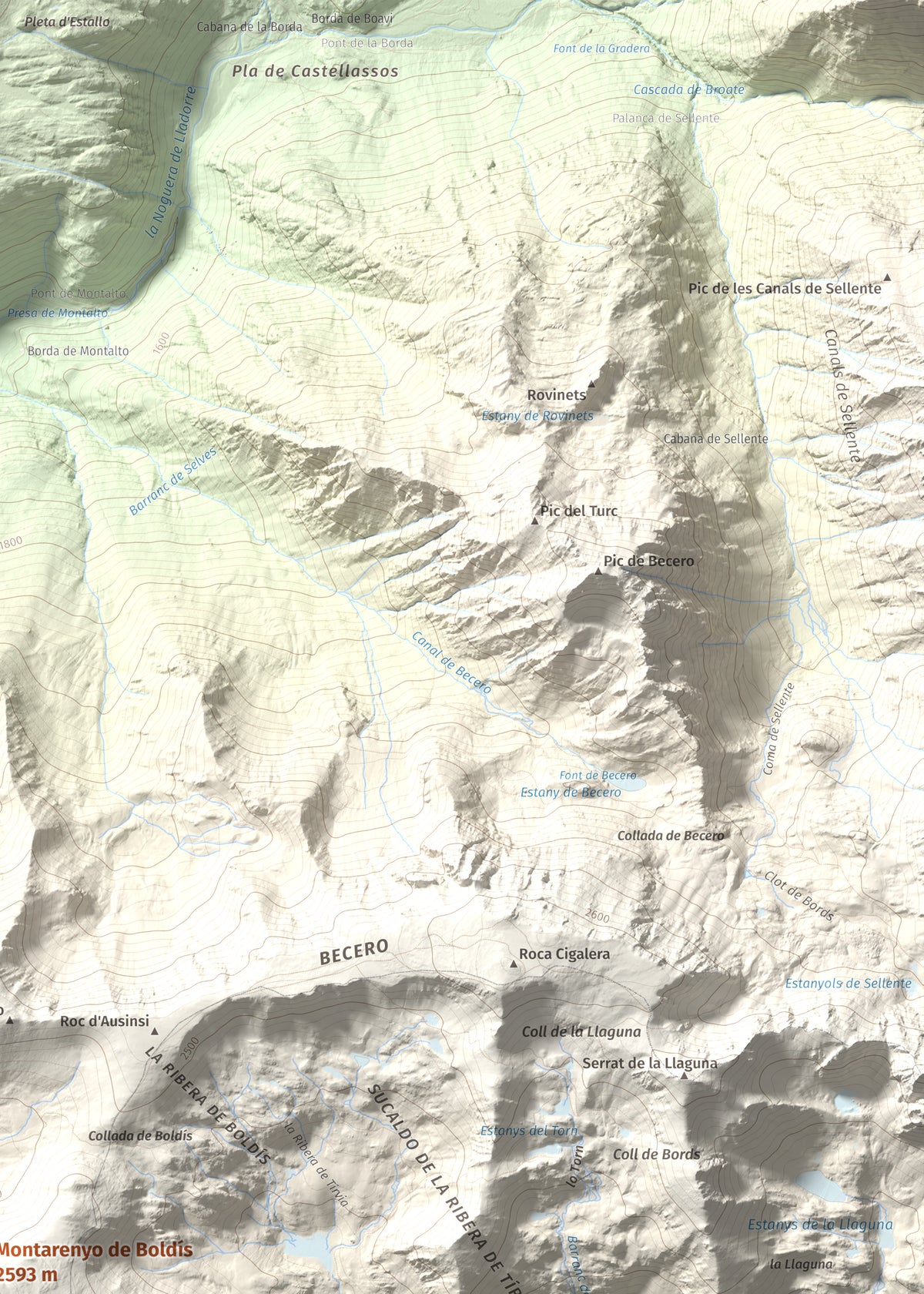 Mapa de relieve de Montarenyo de Boldís, 2593 m, Pallars Sobirà, lámina 100 Cims de Trobart. Detalle de la zona superior derecha. 50 × 70 cm.