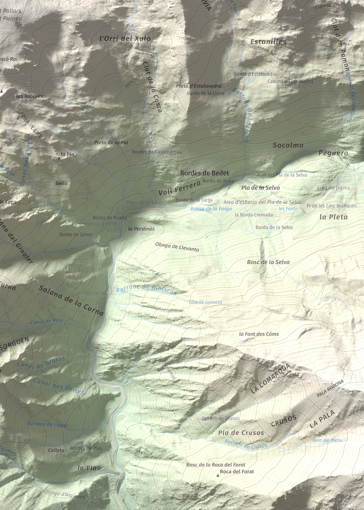 Mapa de relieve de Montarenyo de Boldís, 2593 m, Pallars Sobirà, lámina 100 Cims de Trobart. Detalle de la zona inferior derecha. 50 × 70 cm.