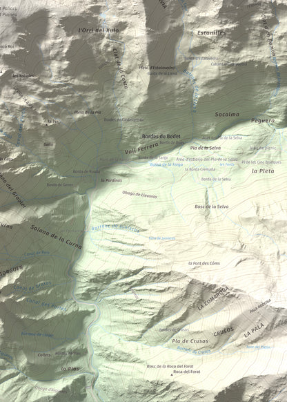 Mapa de relieve de Montarenyo de Boldís, 2593 m, Pallars Sobirà, lámina 100 Cims de Trobart. Detalle de la zona inferior derecha. 50 × 70 cm.