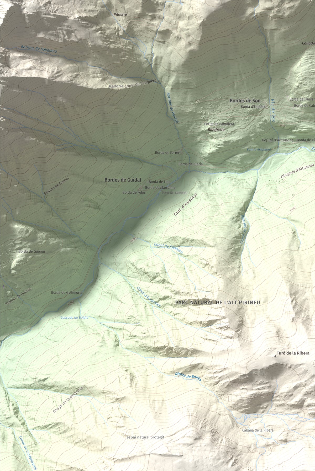 Mapa de relieve de Montarenyo de Boldís, 2593 m, Pallars Sobirà, lámina 100 Cims de Trobart. Detalle de la zona superior izquierda. 61 × 91 cm.