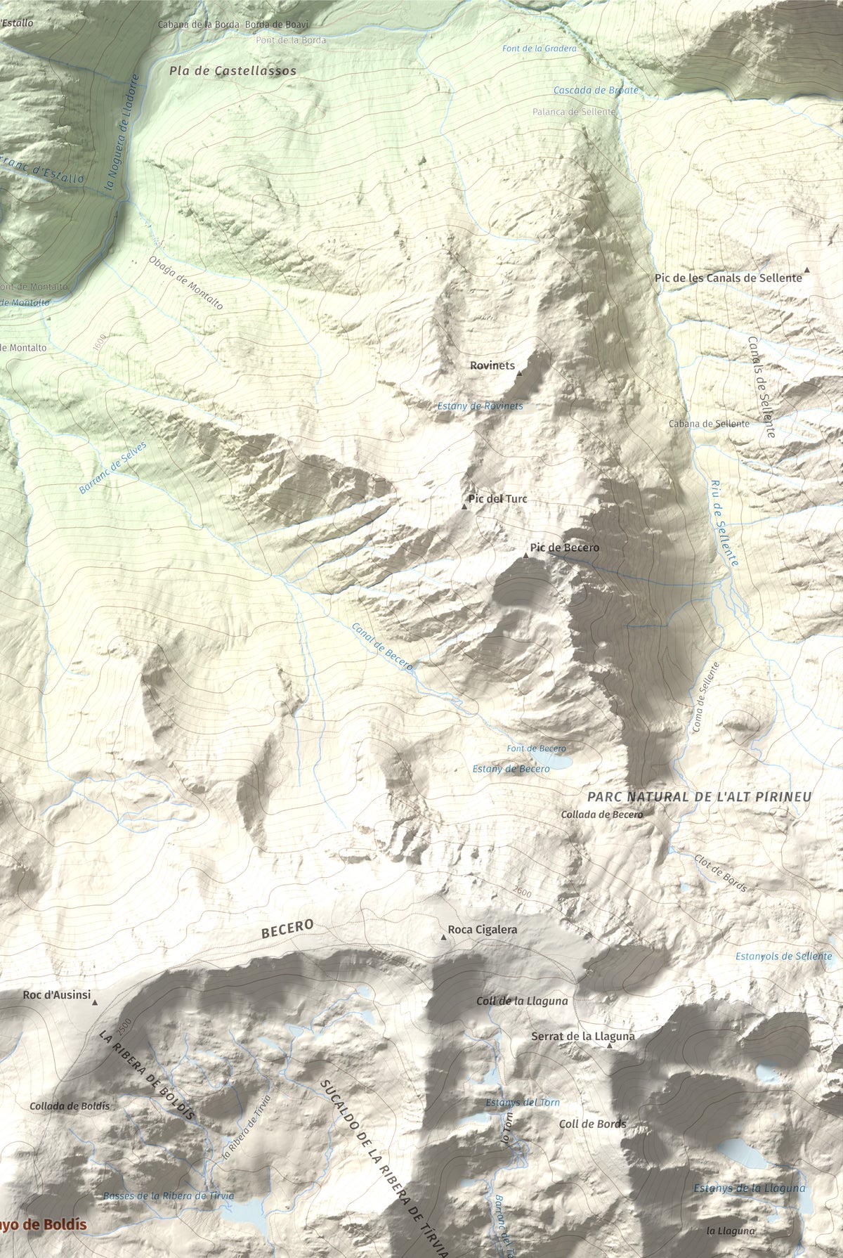 Mapa de relieve de Montarenyo de Boldís, 2593 m, Pallars Sobirà, lámina 100 Cims de Trobart. Detalle de la zona superior derecha. 61 × 91 cm.