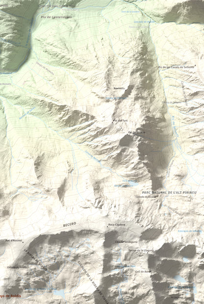 Mapa de relieve de Montarenyo de Boldís, 2593 m, Pallars Sobirà, lámina 100 Cims de Trobart. Detalle de la zona superior derecha. 61 × 91 cm.