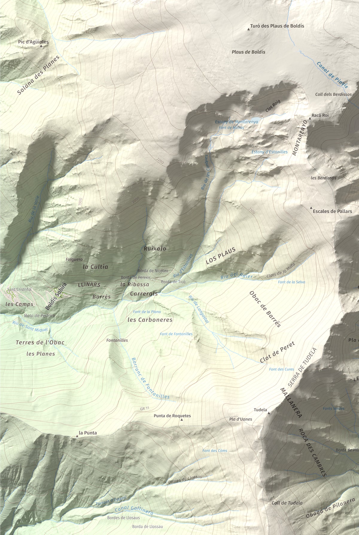 Mapa de relieve de Montarenyo de Boldís, 2593 m, Pallars Sobirà, lámina 100 Cims de Trobart. Detalle de la zona inferior izquierda. 61 × 91 cm.