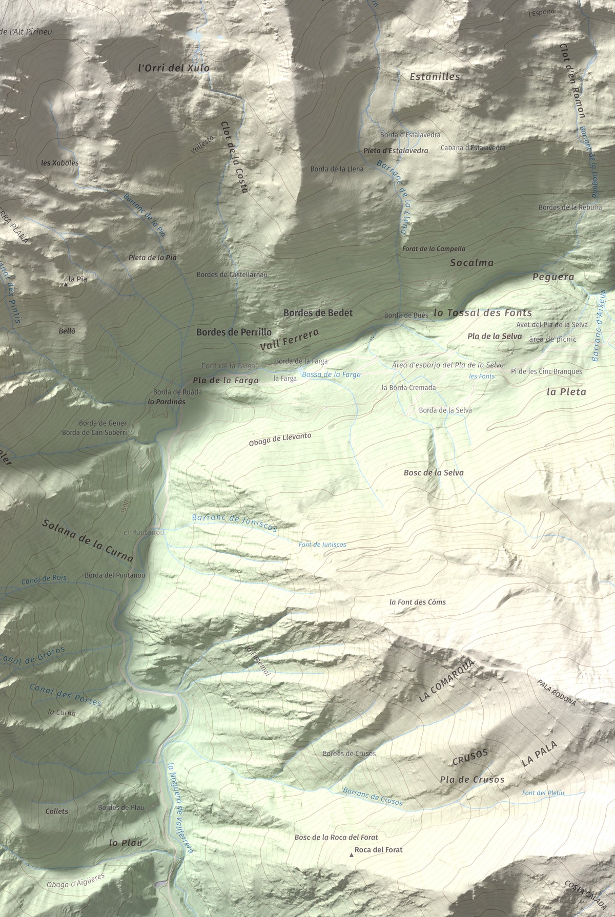 Mapa de relieve de Montarenyo de Boldís, 2593 m, Pallars Sobirà, lámina 100 Cims de Trobart. Detalle de la zona inferior derecha. 61 × 91 cm.
