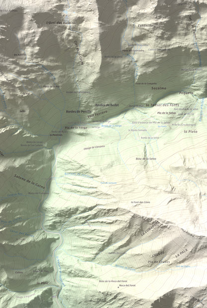 Mapa de relieve de Montarenyo de Boldís, 2593 m, Pallars Sobirà, lámina 100 Cims de Trobart. Detalle de la zona inferior derecha. 61 × 91 cm.