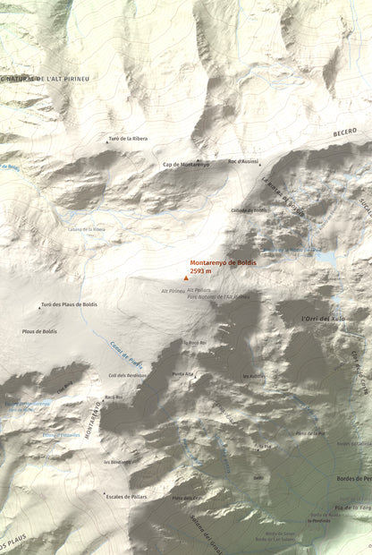 Mapa de relieve de Montarenyo de Boldís, 2593 m, Pallars Sobirà, lámina 100 Cims de Trobart. Detalle de la zona central. 61 × 91 cm.