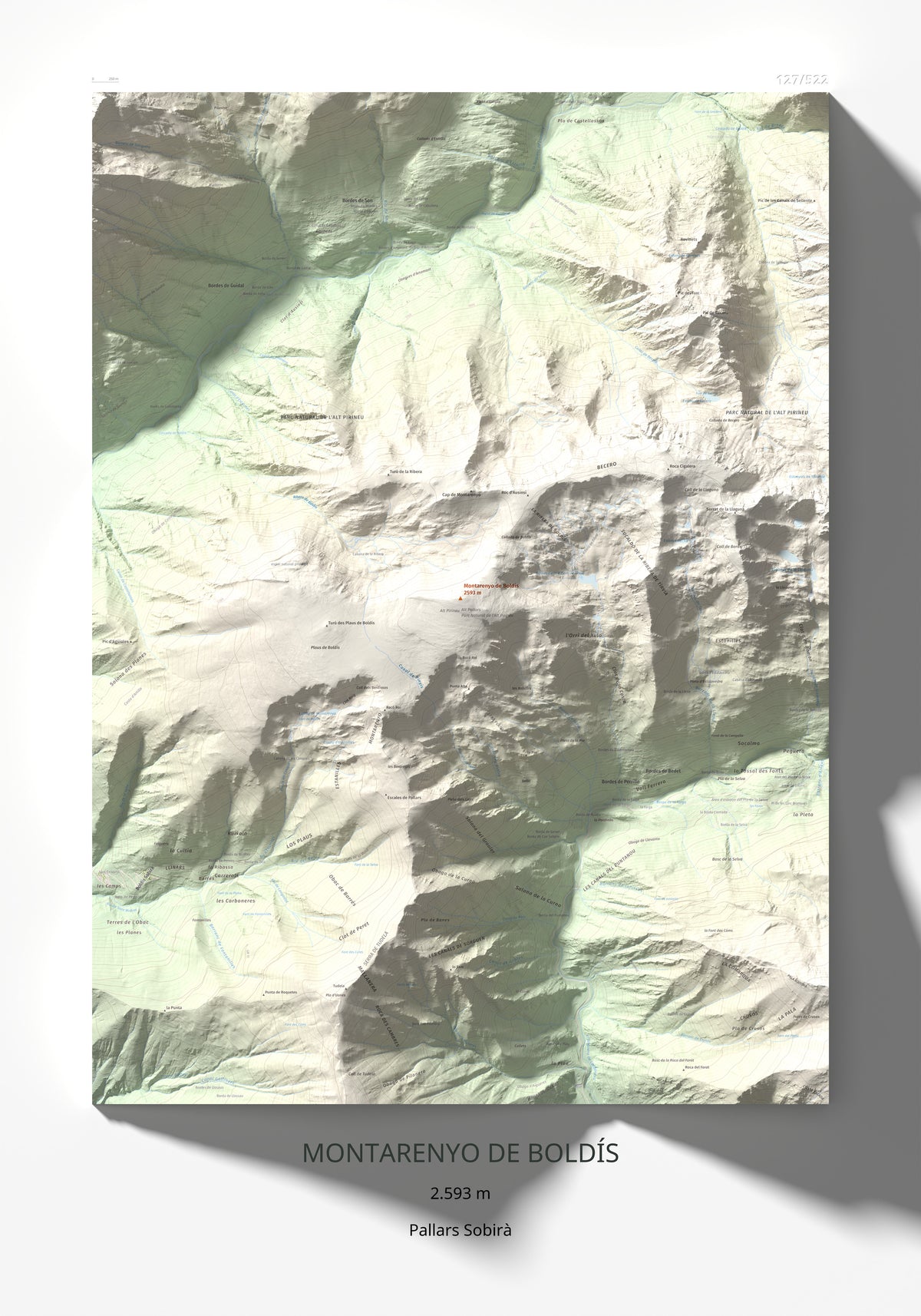 Mapa de relieve de Montarenyo de Boldís, 2593 m, Pallars Sobirà, lámina 100 Cims de Trobart 70 × 100 cm.