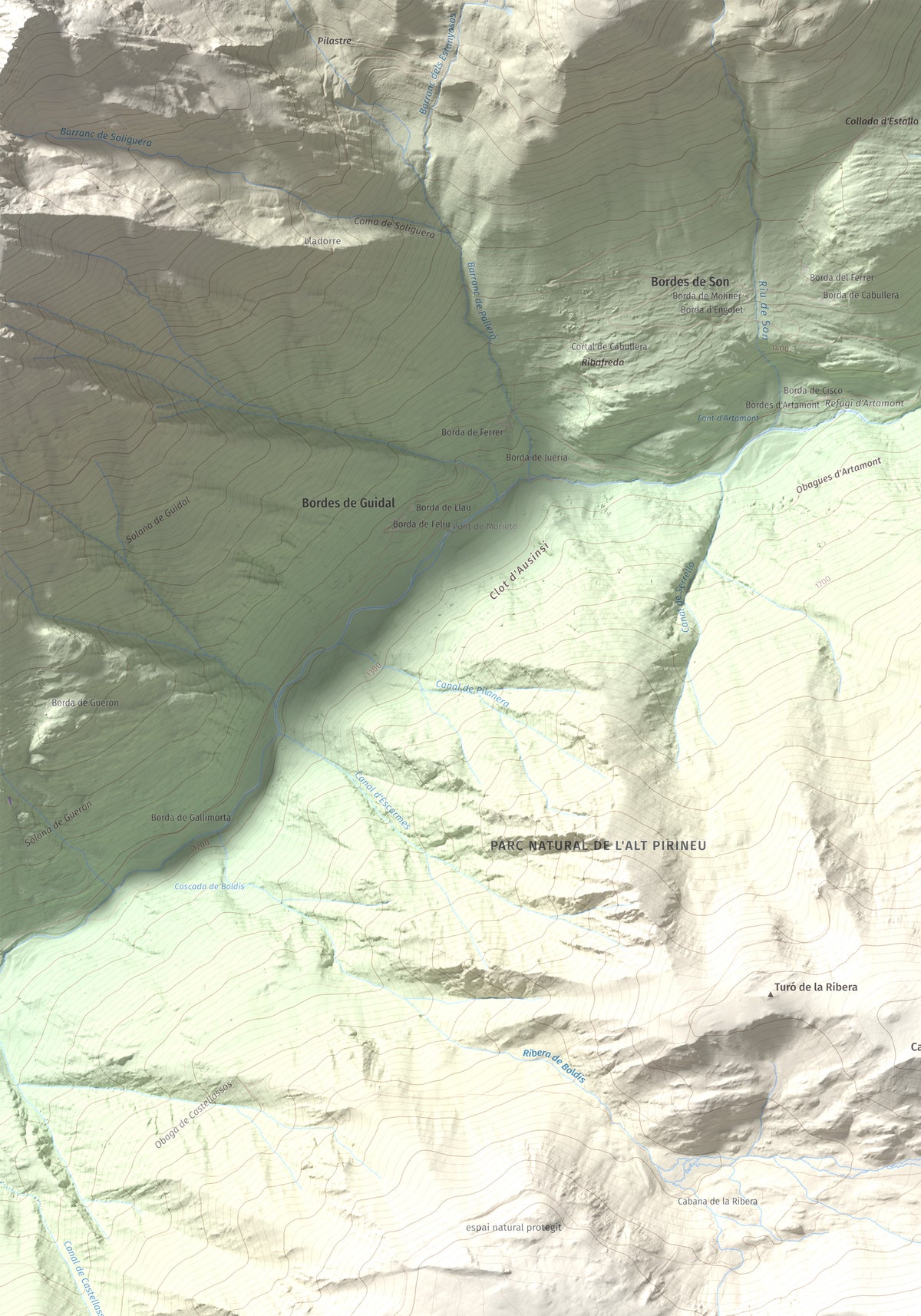 Mapa de relieve de Montarenyo de Boldís, 2593 m, Pallars Sobirà, lámina 100 Cims de Trobart. Detalle de la zona superior izquierda. 70 × 100 cm.