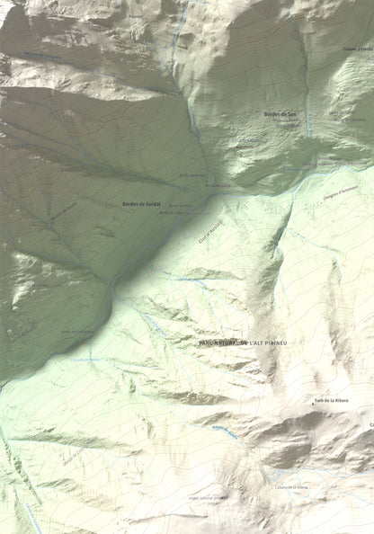 Mapa de relieve de Montarenyo de Boldís, 2593 m, Pallars Sobirà, lámina 100 Cims de Trobart. Detalle de la zona superior izquierda. 70 × 100 cm.