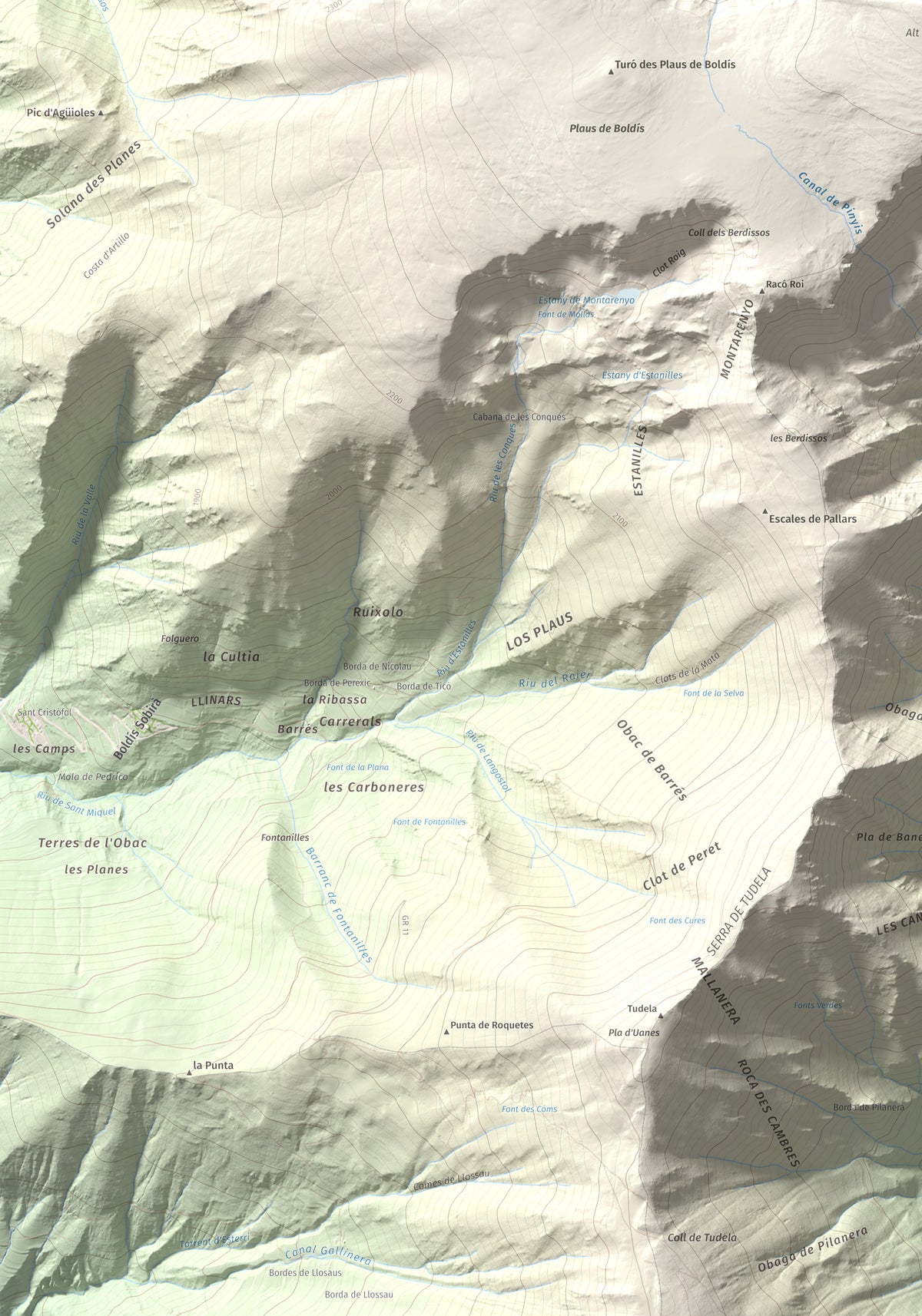 Mapa de relieve de Montarenyo de Boldís, 2593 m, Pallars Sobirà, lámina 100 Cims de Trobart. Detalle de la zona inferior izquierda. 70 × 100 cm.