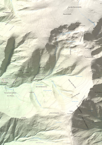 Mapa de relieve de Montarenyo de Boldís, 2593 m, Pallars Sobirà, lámina 100 Cims de Trobart. Detalle de la zona inferior izquierda. 70 × 100 cm.