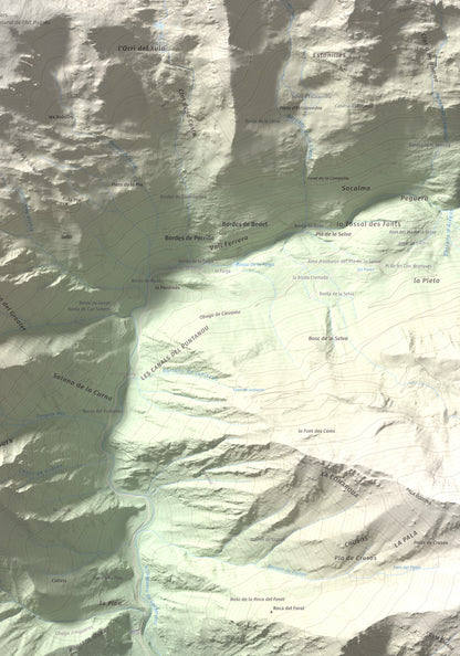 Mapa de relieve de Montarenyo de Boldís, 2593 m, Pallars Sobirà, lámina 100 Cims de Trobart. Detalle de la zona inferior derecha. 70 × 100 cm.