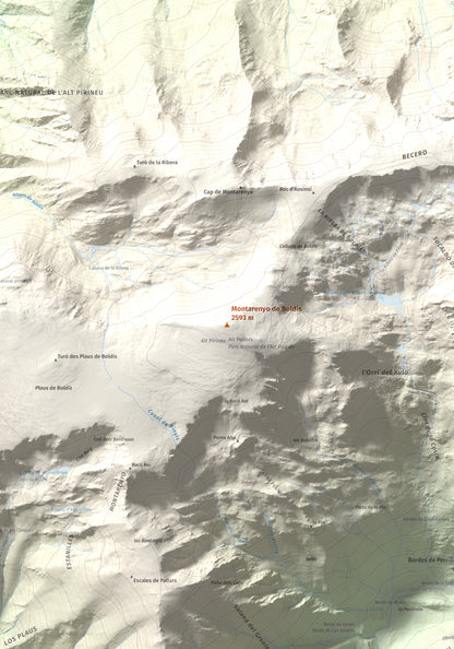 Mapa de relieve de Montarenyo de Boldís, 2593 m, Pallars Sobirà, lámina 100 Cims de Trobart. Detalle de la zona central. 70 × 100 cm.