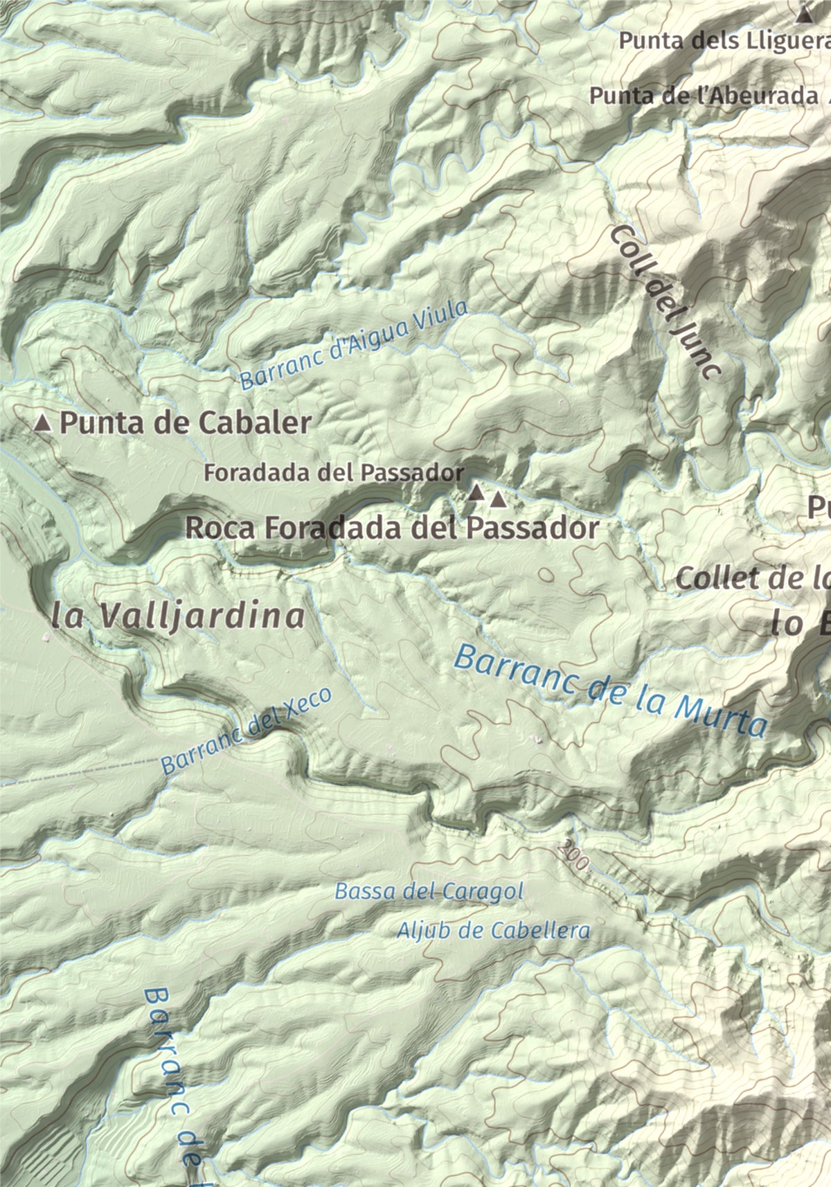 Mapa de relieve de Montaspre, 528 m, Baix Ebre, lámina 100 Cims de Trobart. Detalle de la zona superior izquierda. 21 × 30 cm.