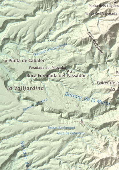 Mapa de relieve de Montaspre, 528 m, Baix Ebre, lámina 100 Cims de Trobart. Detalle de la zona superior izquierda. 21 × 30 cm.