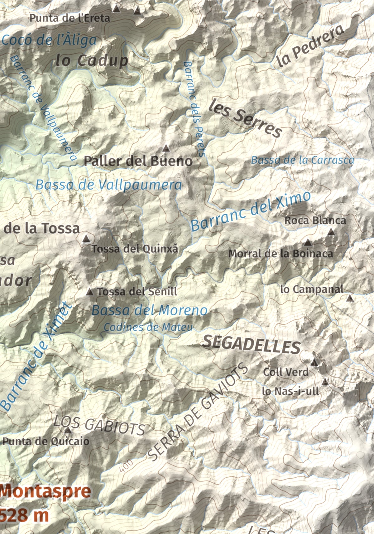 Mapa de relieve de Montaspre, 528 m, Baix Ebre, lámina 100 Cims de Trobart. Detalle de la zona superior derecha. 21 × 30 cm.