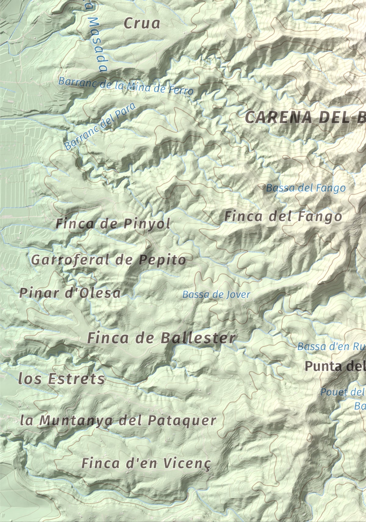 Mapa de relieve de Montaspre, 528 m, Baix Ebre, lámina 100 Cims de Trobart. Detalle de la zona inferior izquierda. 21 × 30 cm.