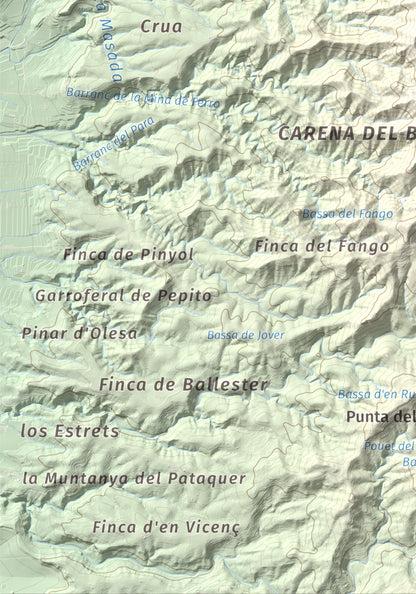 Mapa de relieve de Montaspre, 528 m, Baix Ebre, lámina 100 Cims de Trobart. Detalle de la zona inferior izquierda. 21 × 30 cm.