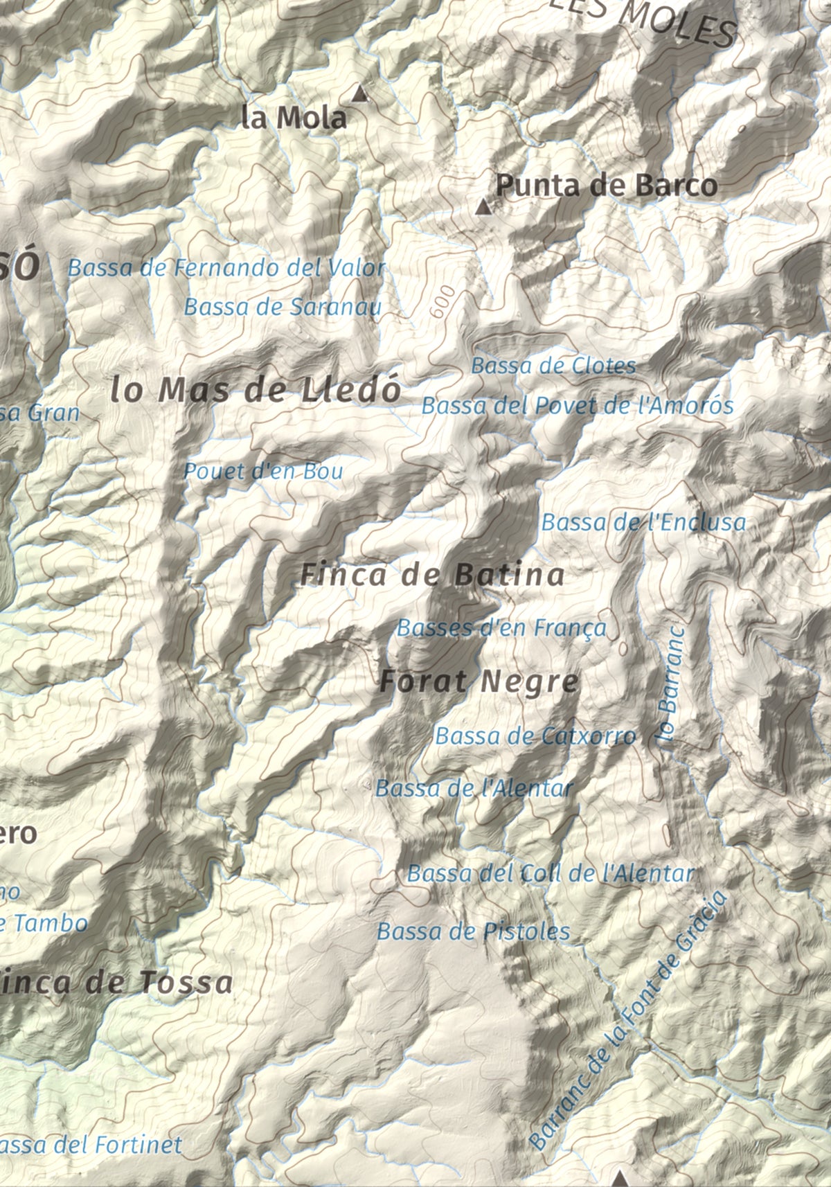 Mapa de relieve de Montaspre, 528 m, Baix Ebre, lámina 100 Cims de Trobart. Detalle de la zona inferior derecha. 21 × 30 cm.
