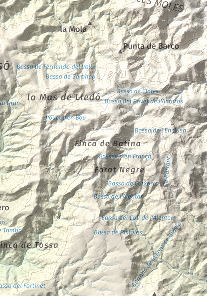 Mapa de relieve de Montaspre, 528 m, Baix Ebre, lámina 100 Cims de Trobart. Detalle de la zona inferior derecha. 21 × 30 cm.