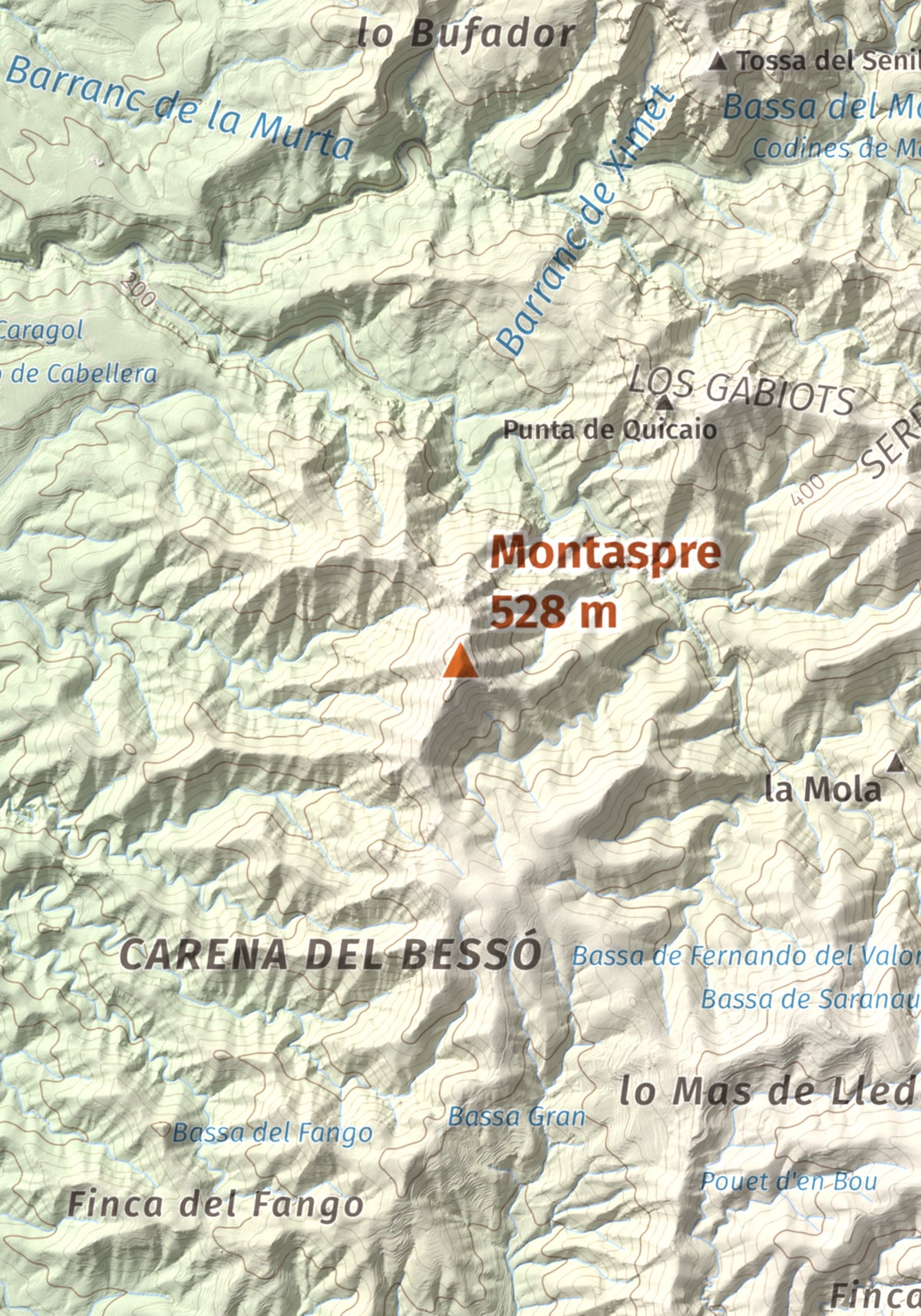 Mapa de relieve de Montaspre, 528 m, Baix Ebre, lámina 100 Cims de Trobart. Detalle de la zona central. 21 × 30 cm.