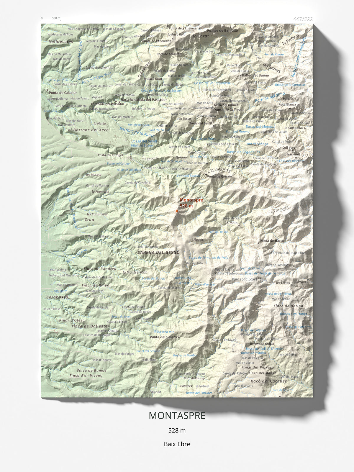 Mapa de relieve de Montaspre, 528 m, Baix Ebre, lámina 100 Cims de Trobart 30 × 40 cm.