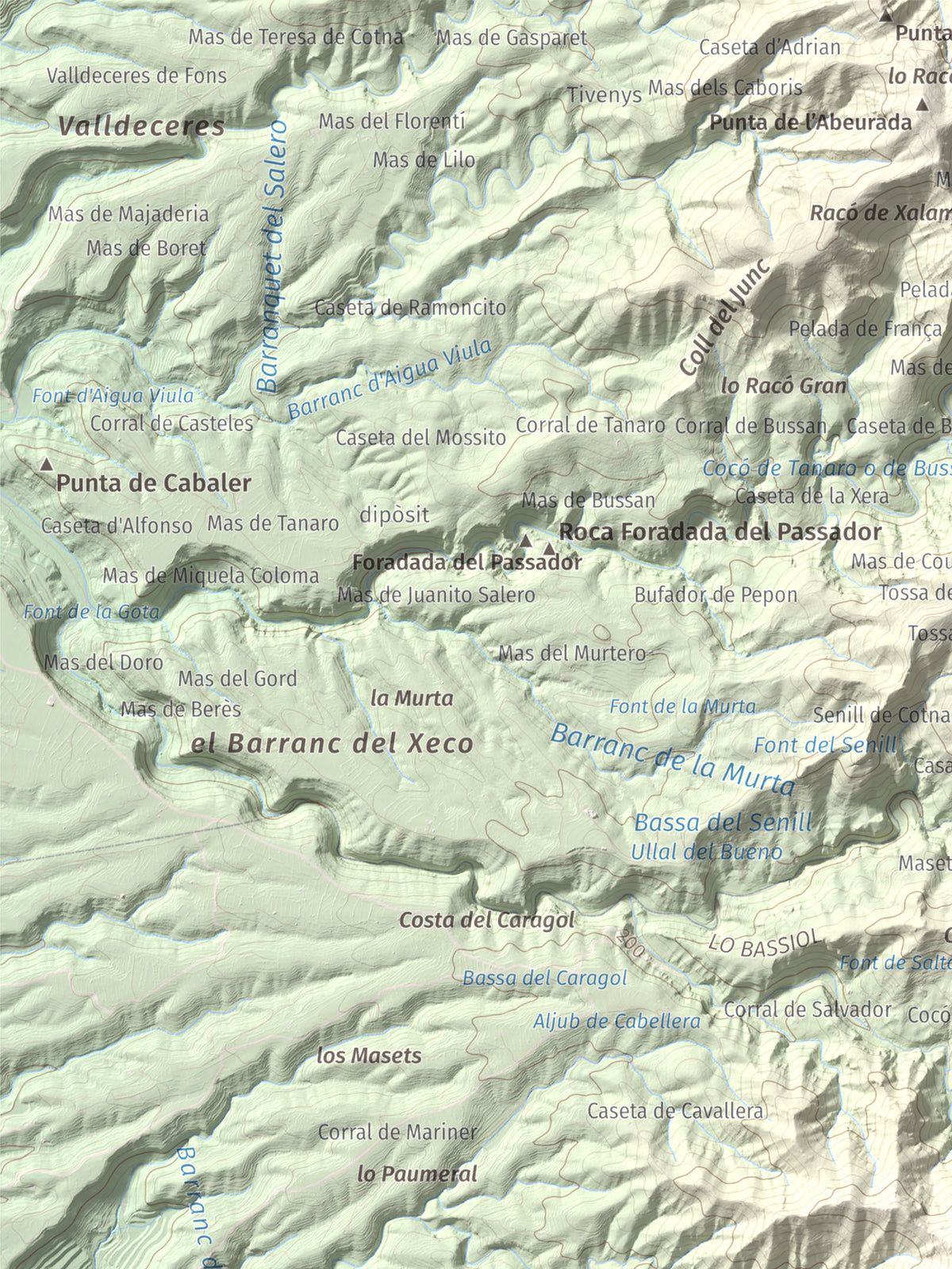 Mapa de relieve de Montaspre, 528 m, Baix Ebre, lámina 100 Cims de Trobart. Detalle de la zona superior izquierda. 30 × 40 cm.