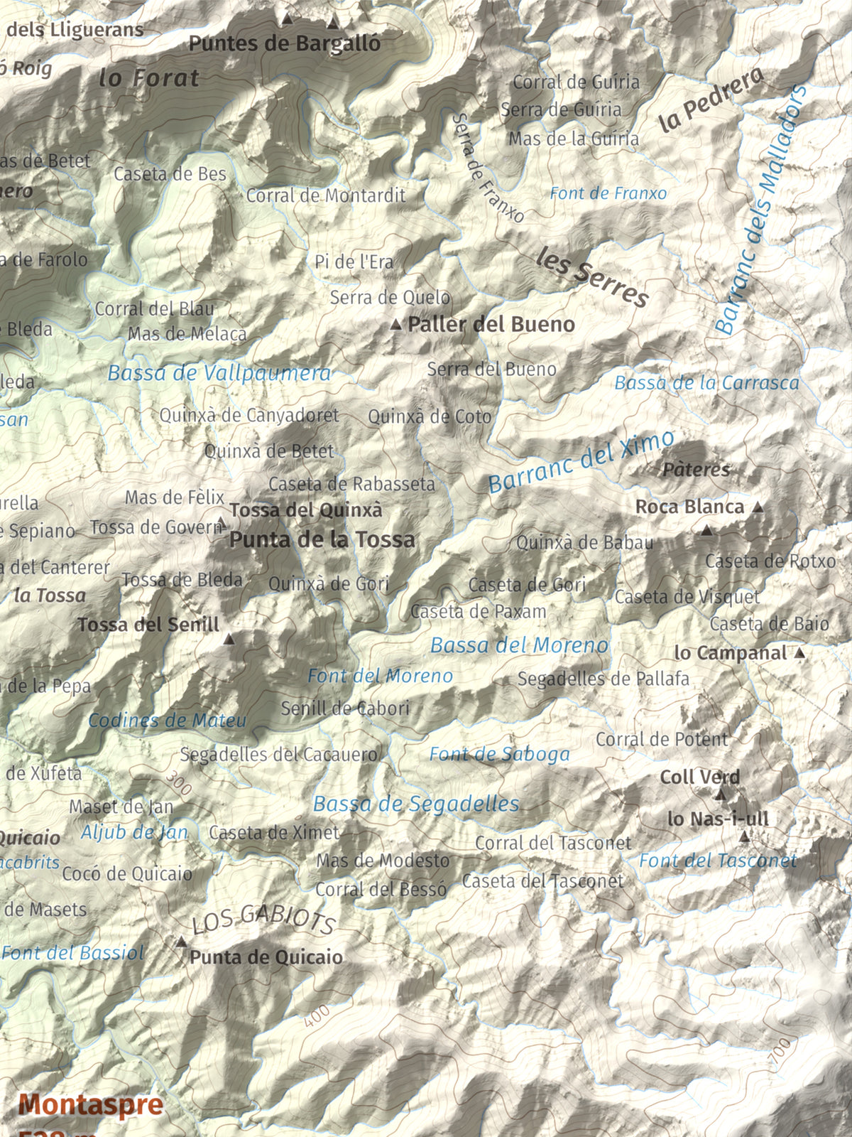 Mapa de relieve de Montaspre, 528 m, Baix Ebre, lámina 100 Cims de Trobart. Detalle de la zona superior derecha. 30 × 40 cm.