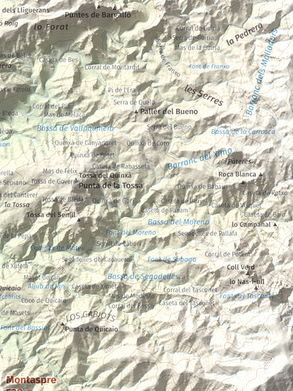 Mapa de relieve de Montaspre, 528 m, Baix Ebre, lámina 100 Cims de Trobart. Detalle de la zona superior derecha. 30 × 40 cm.