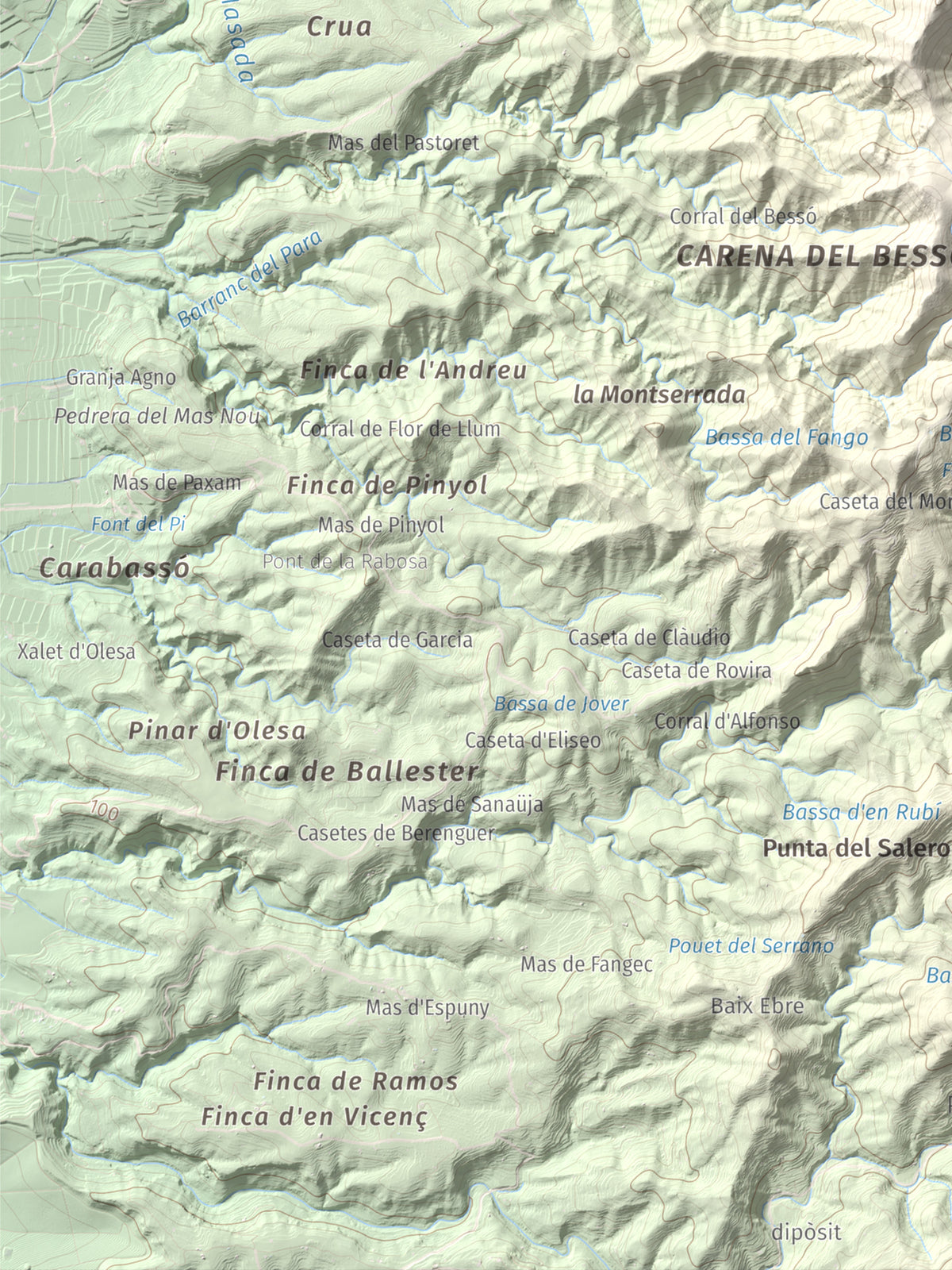 Mapa de relieve de Montaspre, 528 m, Baix Ebre, lámina 100 Cims de Trobart. Detalle de la zona inferior izquierda. 30 × 40 cm.