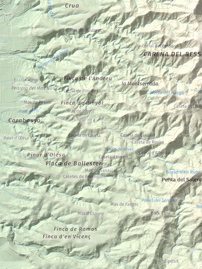Mapa de relieve de Montaspre, 528 m, Baix Ebre, lámina 100 Cims de Trobart. Detalle de la zona inferior izquierda. 30 × 40 cm.