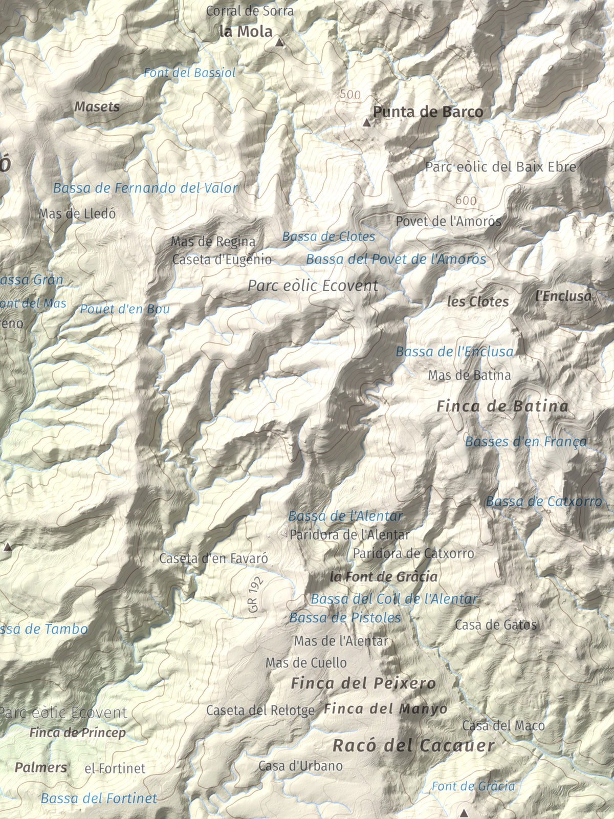 Mapa de relieve de Montaspre, 528 m, Baix Ebre, lámina 100 Cims de Trobart. Detalle de la zona inferior derecha. 30 × 40 cm.
