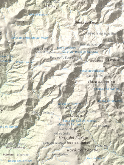 Mapa de relieve de Montaspre, 528 m, Baix Ebre, lámina 100 Cims de Trobart. Detalle de la zona inferior derecha. 30 × 40 cm.