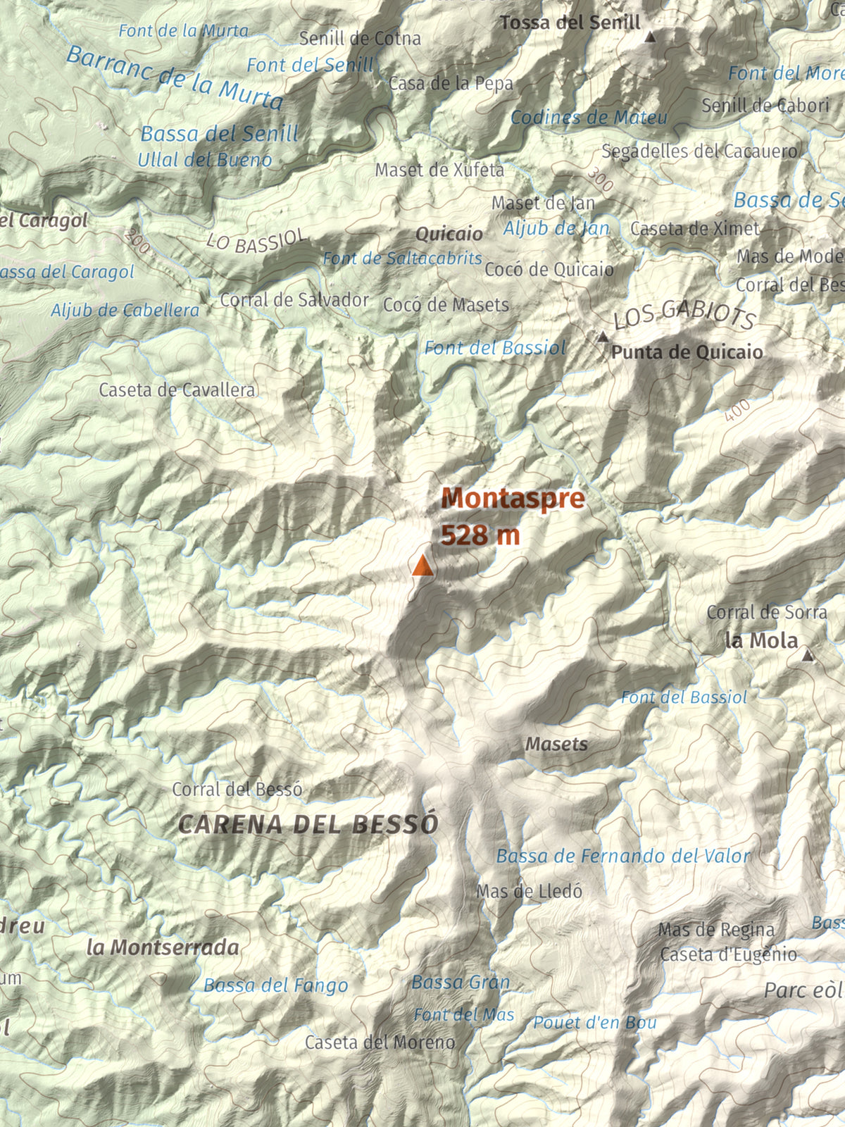 Mapa de relieve de Montaspre, 528 m, Baix Ebre, lámina 100 Cims de Trobart. Detalle de la zona central. 30 × 40 cm.