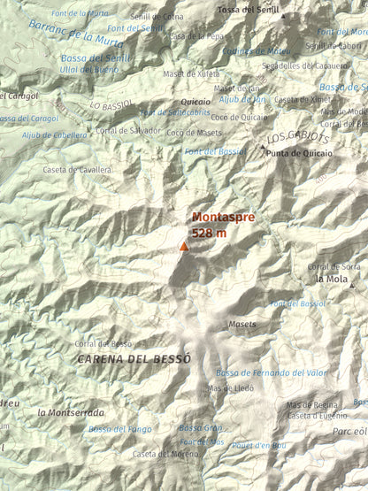 Mapa de relieve de Montaspre, 528 m, Baix Ebre, lámina 100 Cims de Trobart. Detalle de la zona central. 30 × 40 cm.