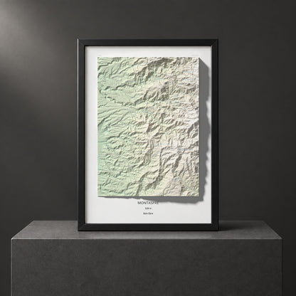 Mapa de relieve de Montaspre, 528 m, Baix Ebre, lámina 100 Cims de Trobart. Presentación enmarcada. 50 × 70 cm.