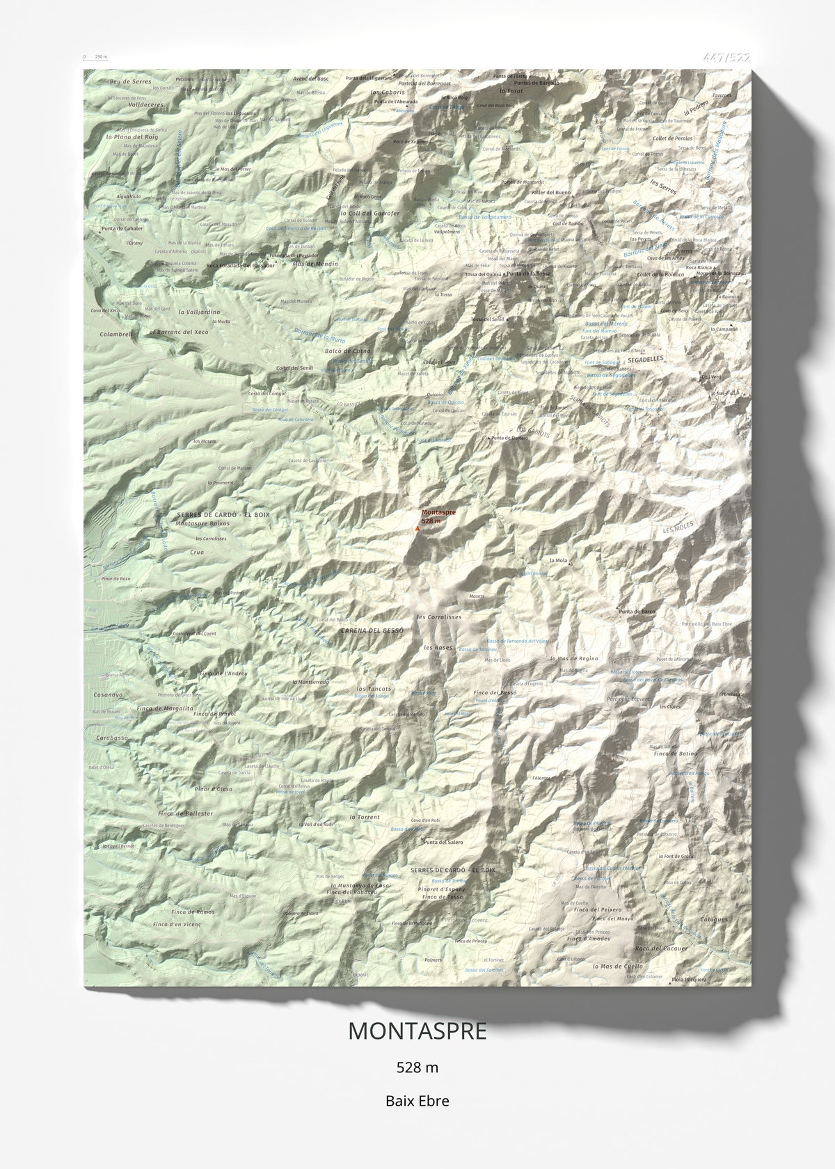 Mapa de relieve de Montaspre, 528 m, Baix Ebre, lámina 100 Cims de Trobart 50 × 70 cm.