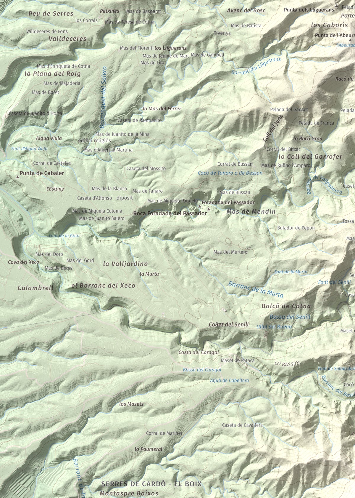 Mapa de relieve de Montaspre, 528 m, Baix Ebre, lámina 100 Cims de Trobart. Detalle de la zona superior izquierda. 50 × 70 cm.